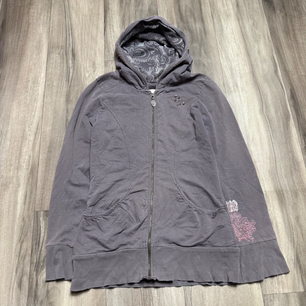 Vintage Y2K Embroidered Studded Zip Up Hoodie Purple Charcoal Grey Size M
